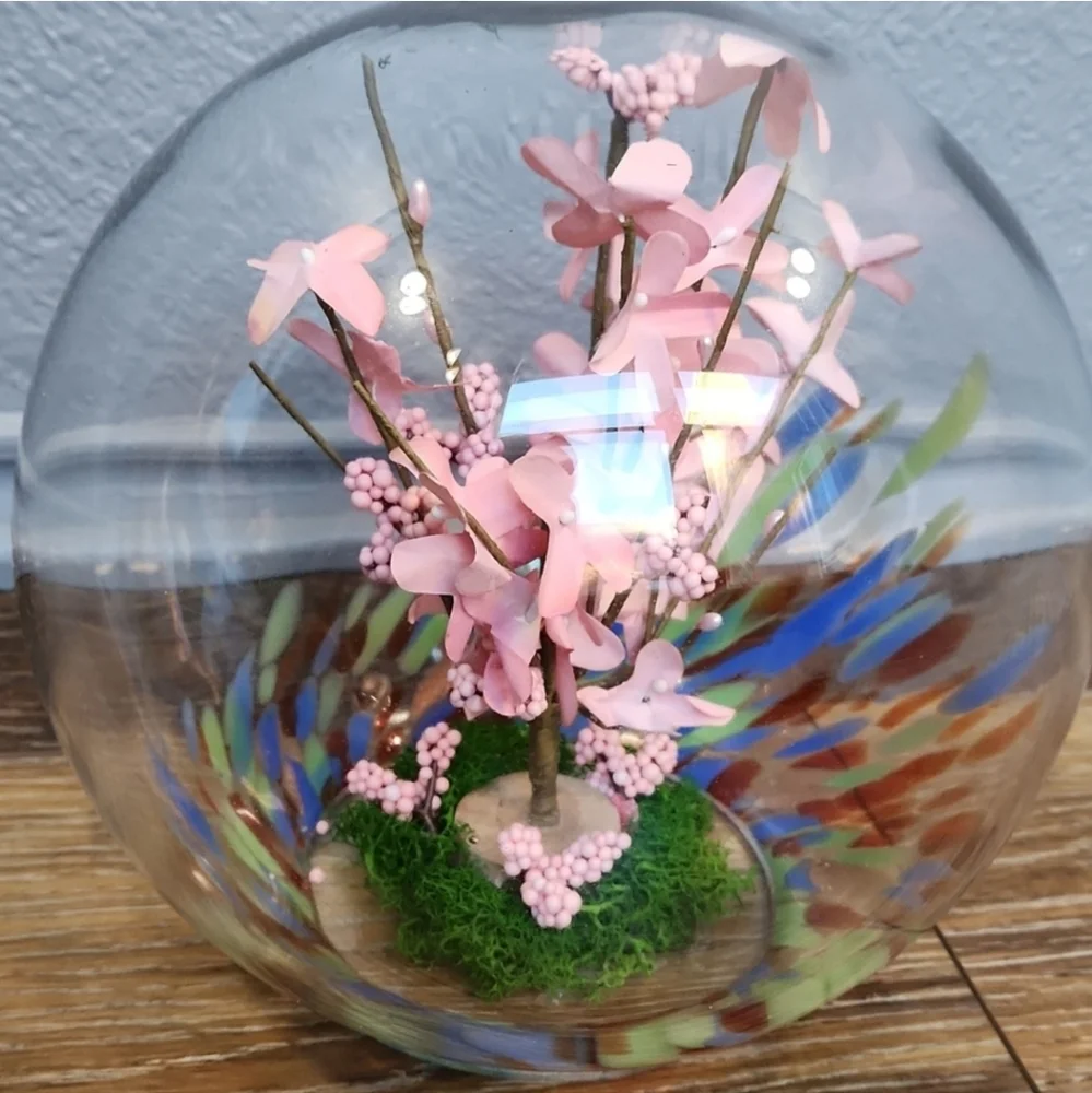Cherry Blossom ? Pink Flowers Glass Globe Terrarium Blue Green Orange Spots